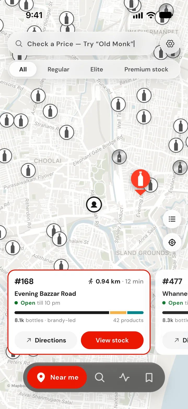 Sarakku Near me screen: TASMAC shops around you on a map, the nearest one open till 10 pm
