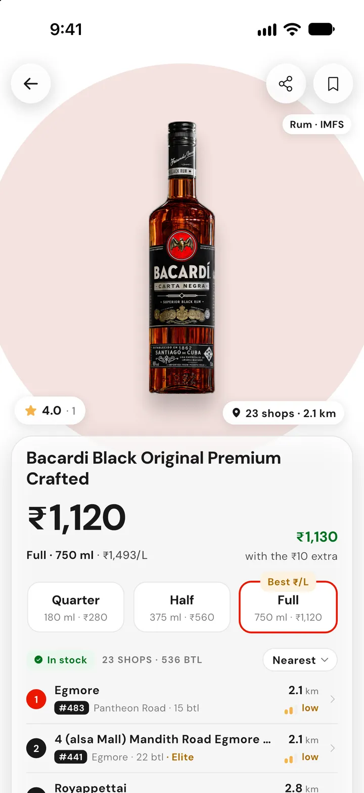 Sarakku product screen: Bacardi Black, MRP ₹1,120 for a full bottle, ₹1,130 at the counter with the deposit
