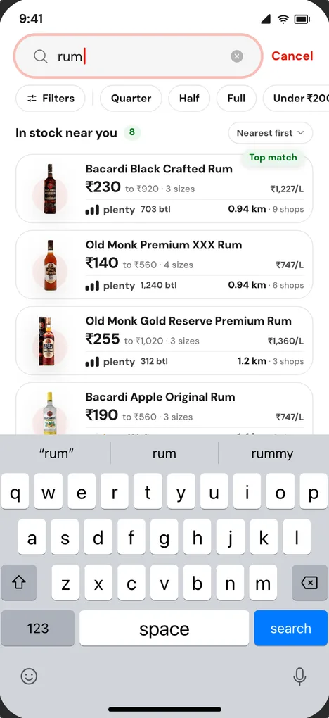 Sarakku search screen: “rum” typed, eight products in stock near you, nearest first