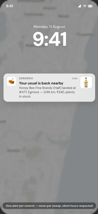 A Sarakku restock alert on the lock screen